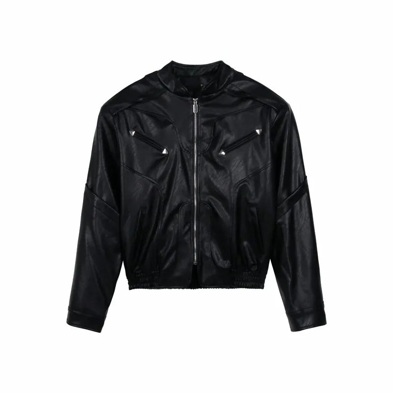 short pu leather jacket men shoulder pad stand collar trend bomber outwear 2023 korean streetwear zipper unisex motorcycle coat unique shorts style 2321