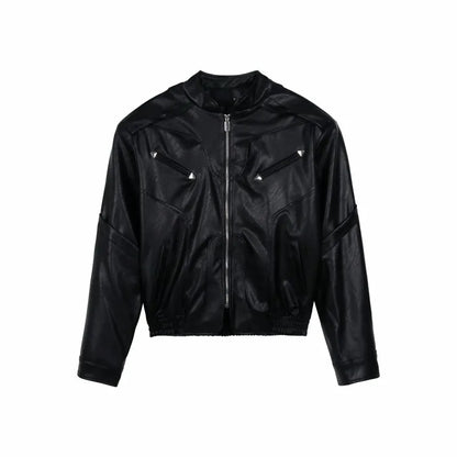 short pu leather jacket men shoulder pad stand collar trend bomber outwear 2023 korean streetwear zipper unisex motorcycle coat unique shorts style 2321