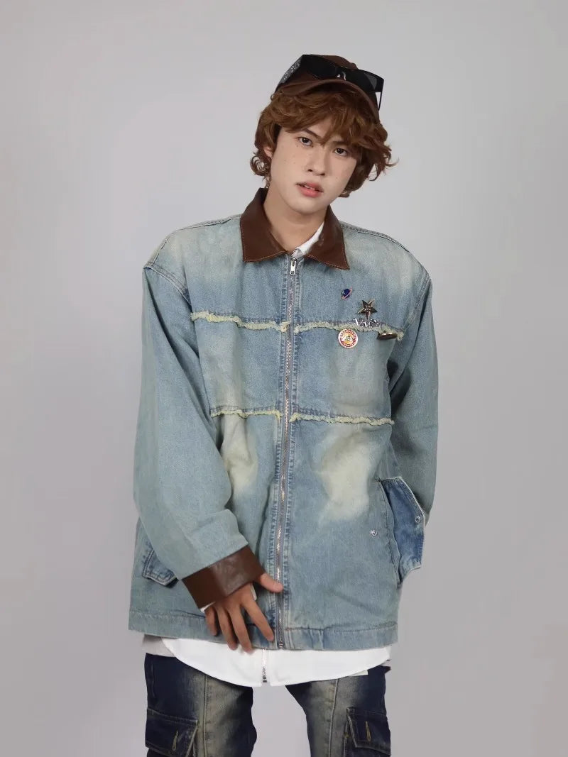 burr edge vintage mens denim jacket spring american patchwork lapel washed cowboy coats loose harajuku couple outwear new unique jeans style 2215