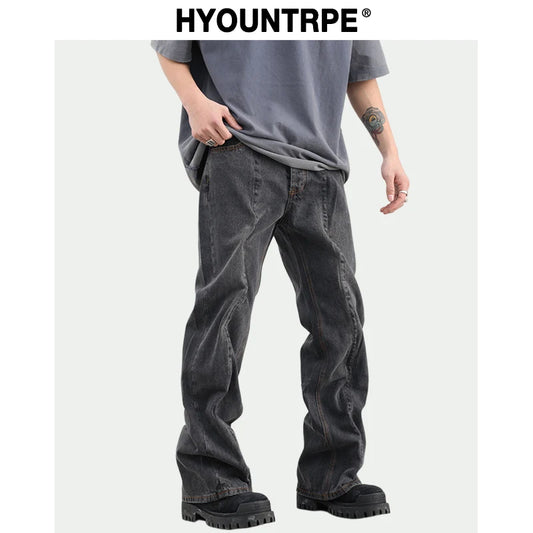 contorted fold design denim jean pants men straight biker jeans trousers 2023 fashion motorcycle unisex hip hop pants y2k pants vintage washed jeans