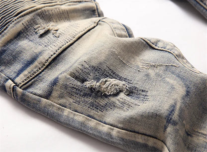 distressed washed pleated denim jean pants new fashion biker jeans streetwear casual slim pants jogger y2k mens skinny joggers unique joggers style 3141