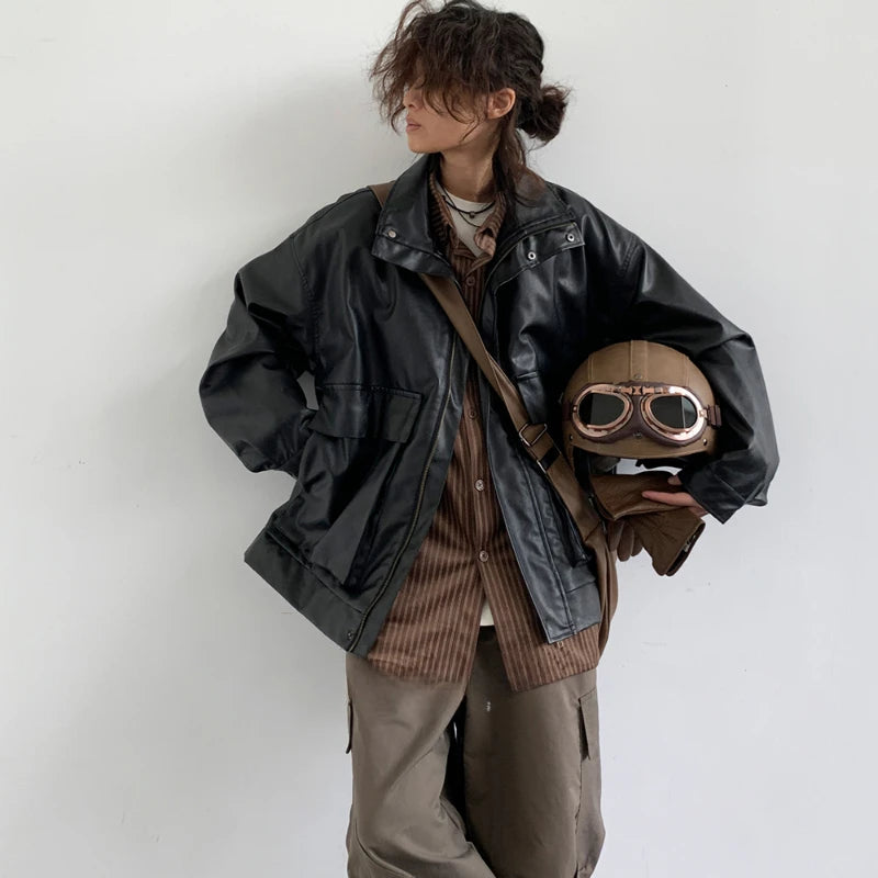 japanese spring pu leather jacket mens high street black profile tooling pilot jacket loose standing collar motorcycle outwear urban fashion pants