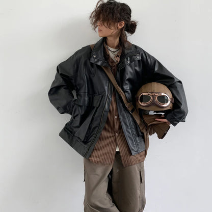 japanese spring pu leather jacket mens high street black profile tooling pilot jacket loose standing collar motorcycle outwear urban fashion pants