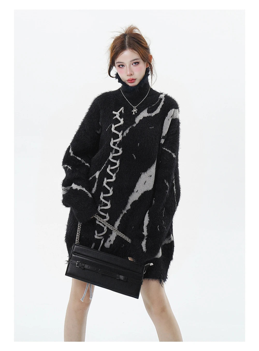 Distressed Splicing Turtleneck Sweaters Men Women Pullover Knit Sweater Jumper Fall Winter Hip Hop Streetwear Black Sweater Y2K Street King Limited