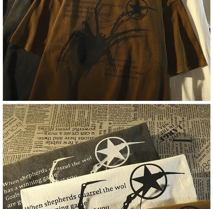 American Retro Street Spider Graphic T-Shirt - Loose Fitting College Style Couple Short-Sleeved Top for Men and Women Summer Street King Limited