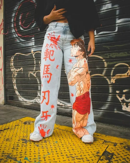 harajuku high street y2k baggy jeans punk popular print wide leg denim pants jeans streetwear trouser men clothing unique jeans style 1998
