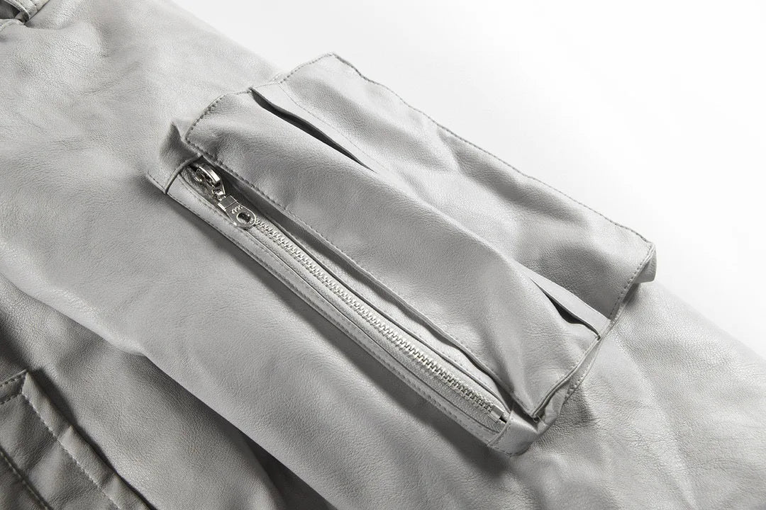 new arrival vintage heavyweight dirty grey double layer hooded leather jacket with multiple pockets zipper design cotton jacket unique default style 135