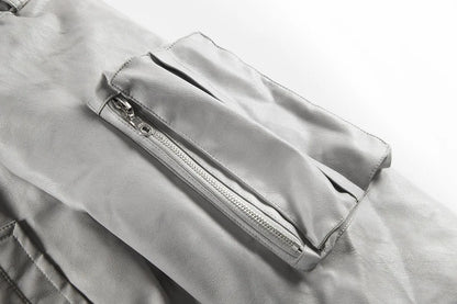 new arrival vintage heavyweight dirty grey double layer hooded leather jacket with multiple pockets zipper design cotton jacket unique default style 135