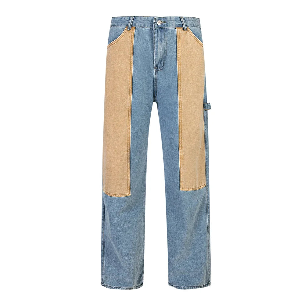new contrast color pockets washed blue baggy denim trousers mens and women straight patchwork loose casual jeans oversize cargos multi-pocket cargos