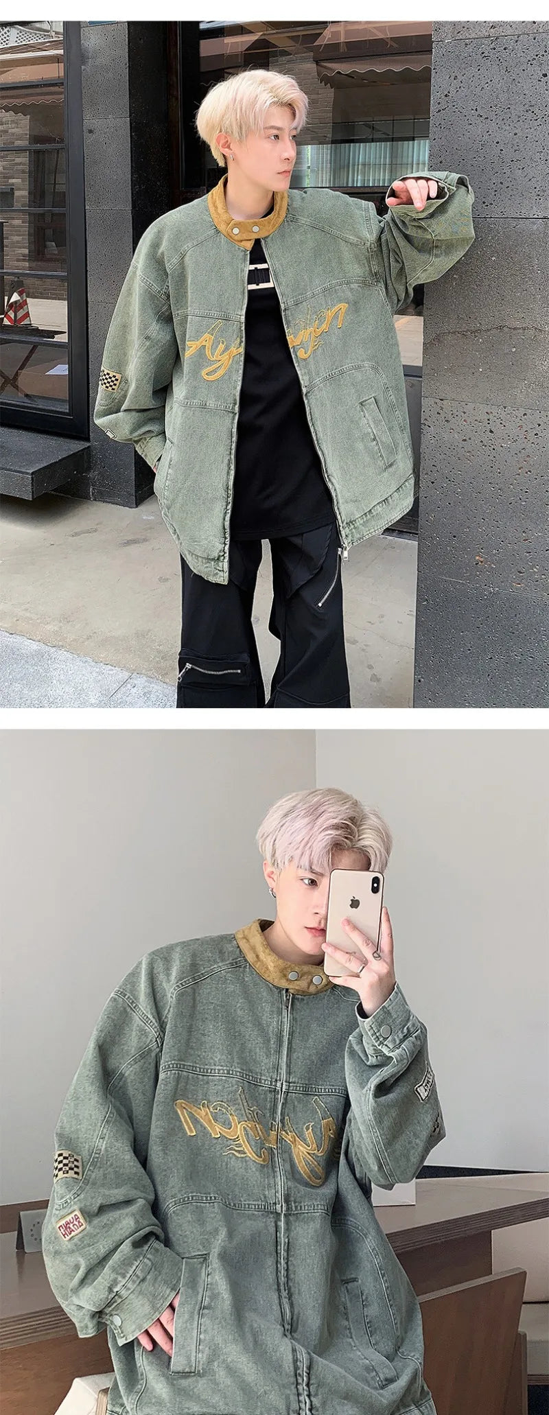 motorcycle hip hop mens cowboy jackets autumn 2024 embroidered washed trend denim coats stand collar color blocking outwear unique jeans style 2765
