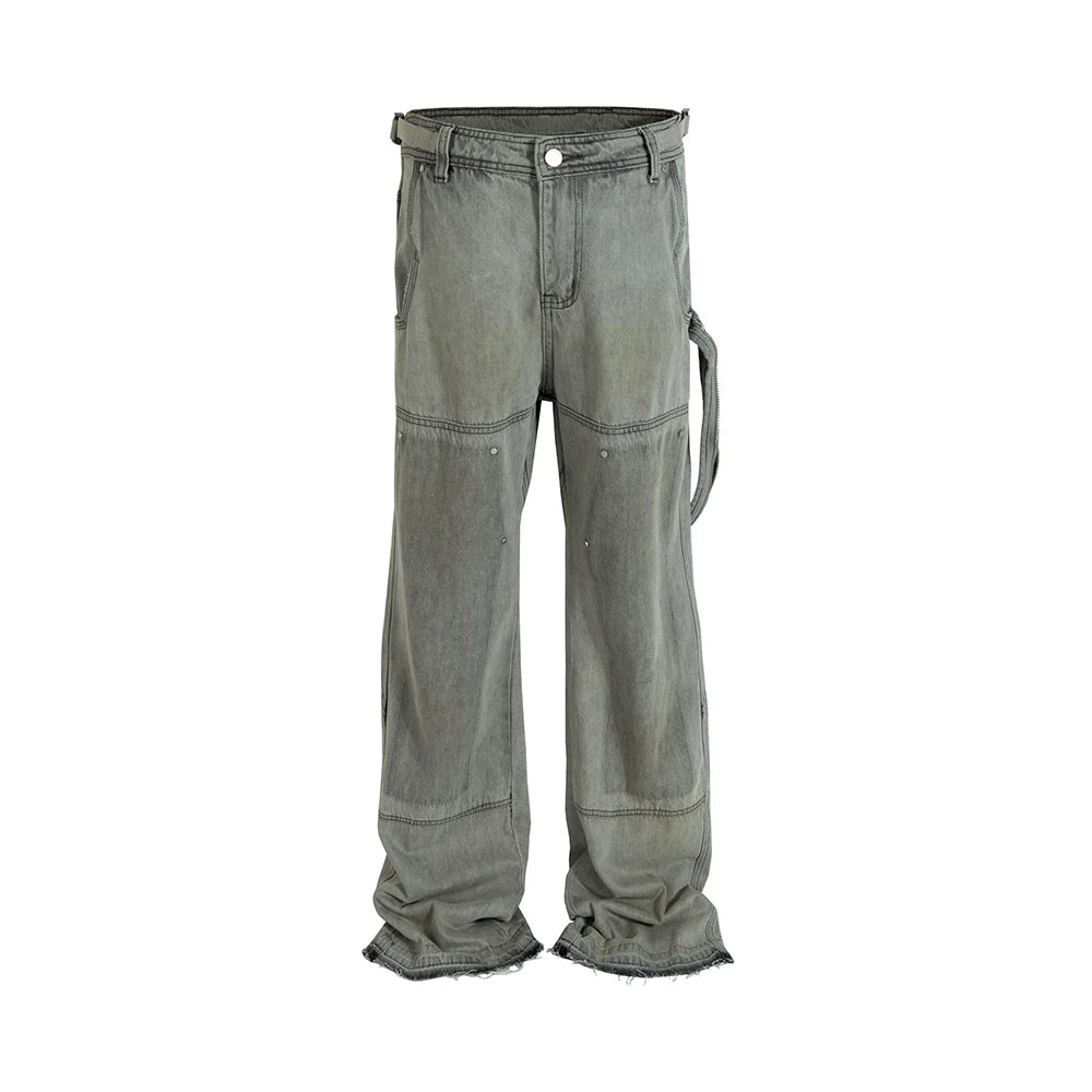 streetwear washed vintage ribbons logging jeans pants mens straight ropa hombre baggy cargos oversized loose denim overalls utility cargo pants