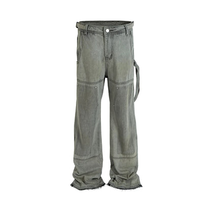 streetwear washed vintage ribbons logging jeans pants mens straight ropa hombre baggy cargos oversized loose denim overalls utility cargo pants