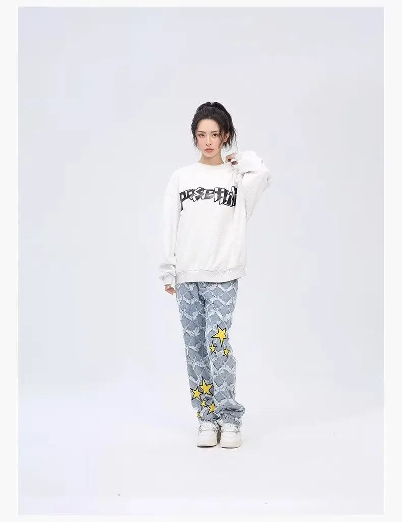 Y2K Star Embroidery Plaid Stacked Jeans Pants for Men Straight Women Hip Hop Denim Trousers Pantalon Homme Street Raw Edge Pant Street King Limited
