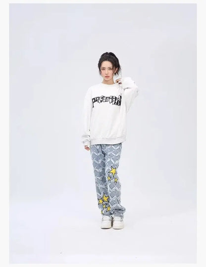 Y2K Star Embroidery Plaid Stacked Jeans Pants for Men Straight Women Hip Hop Denim Trousers Pantalon Homme Street Raw Edge Pant Street King Limited