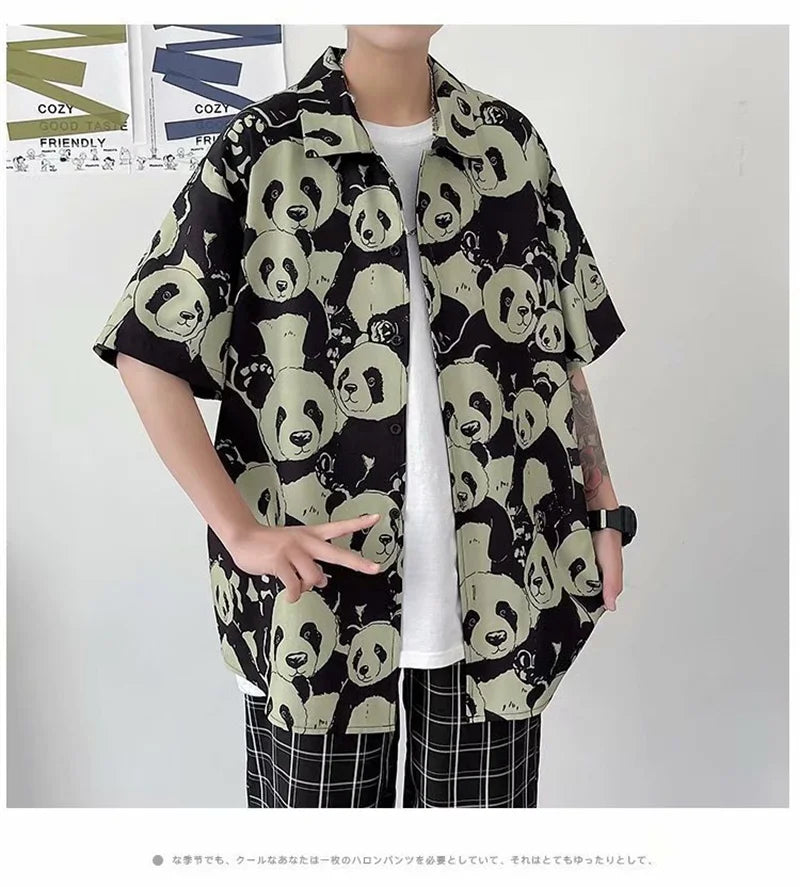 Streetwear Summer Panda Printed Shirts For Men Casual Loose Short Sleeved Camisas Summer Panda Printed Shirts For Men Casual Loose Short Sleeved Camisas Couples Streetwear Fashion Tee Shirt Luxury Social Shirt Fashion Sweater Jacket With Graphic Design For Men