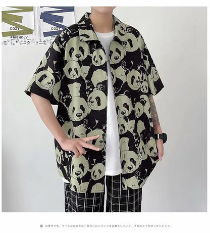 Streetwear Summer Panda Printed Shirts For Men Casual Loose Short Sleeved Camisas Summer Panda Printed Shirts For Men Casual Loose Short Sleeved Camisas Couples Streetwear Fashion Tee Shirt Luxury Social Shirt Fashion Sweater Jacket With Graphic Design For Men
