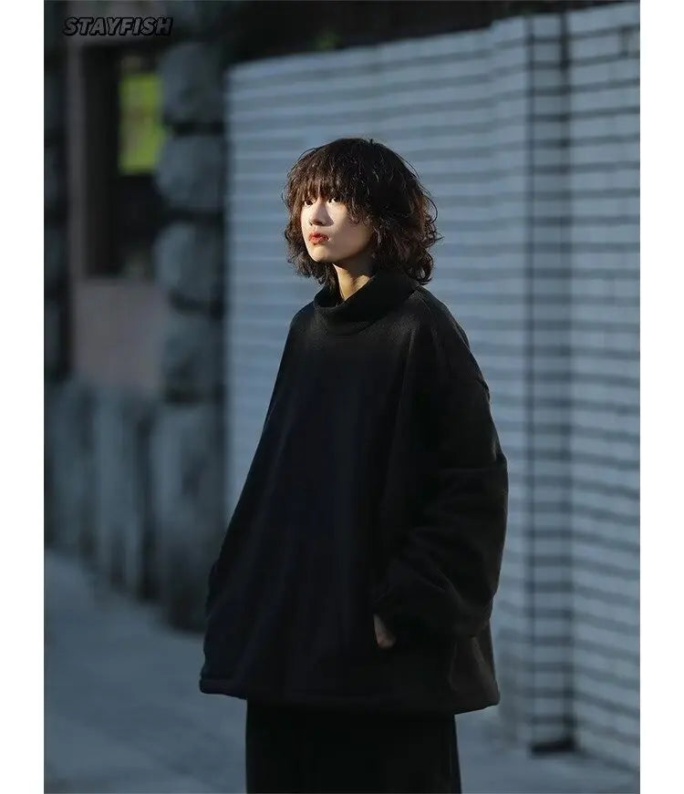 Men Women Winter Fleece Sweatshirt Korean Style Half High Collar Streetwear Oversized Couple Solid Color Autumn Warm Pullovers Street King Limited