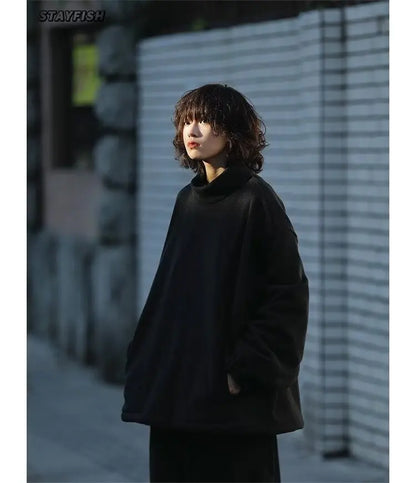 Men Women Winter Fleece Sweatshirt Korean Style Half High Collar Streetwear Oversized Couple Solid Color Autumn Warm Pullovers Street King Limited