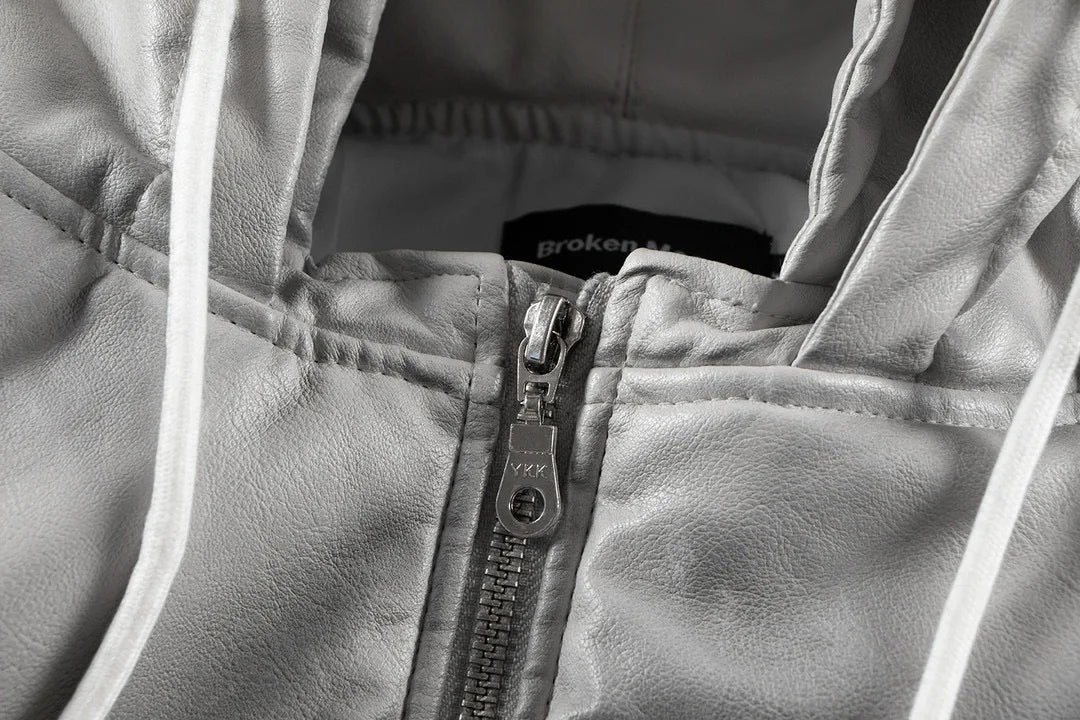 new arrival vintage heavyweight dirty grey double layer hooded leather jacket with multiple pockets zipper design cotton jacket unique default style 133