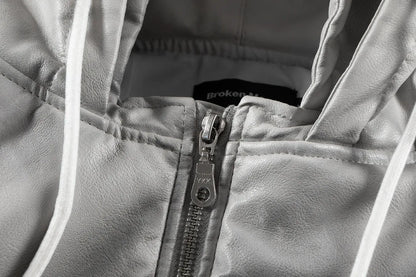 new arrival vintage heavyweight dirty grey double layer hooded leather jacket with multiple pockets zipper design cotton jacket unique default style 133