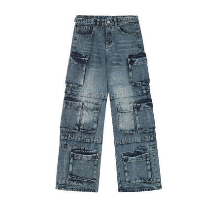 vintage multi pocket jeans mens harajuku cargo denim pants retro hip hop straight loose jean pants men clothing unique cargo style 580