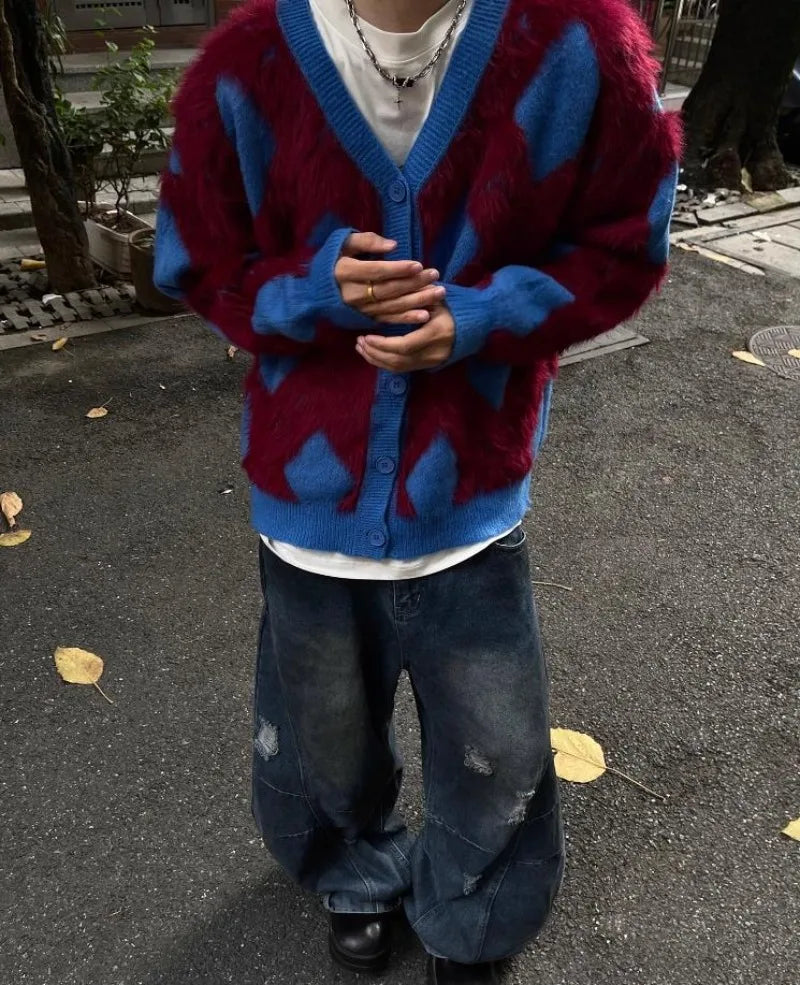 2024 New College Casual Mens Cardigan Autumn Diamond Grid Color Block Street Unisex Knitted Jacket Loose V-neck Sweater Coats Street King Limited
