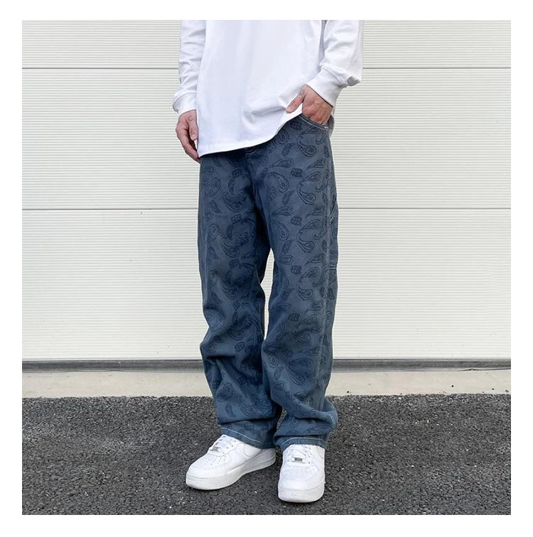 hip hop straight denim jeans pants fashion zipper paisley jeans streetwear mens new casual loose trousers jean pants joggers unique joggers style 3046