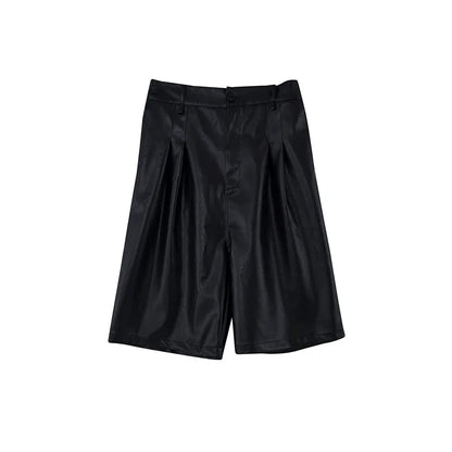 men japanses korean streetwear fashion hip hop loose casual dark black wide leg leather shorts male short pant unique shorts style 919