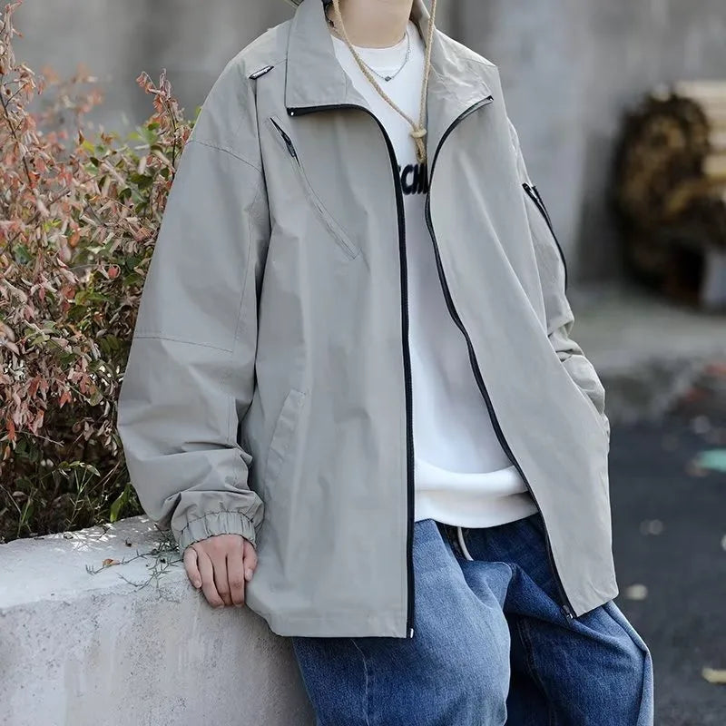 Outdoor Mens Charge Jacket Retro Loose Stand Collar Waterproof Tooling Coats Thin Color Blocked Zipper Hiking Windbreaker Street King Limited