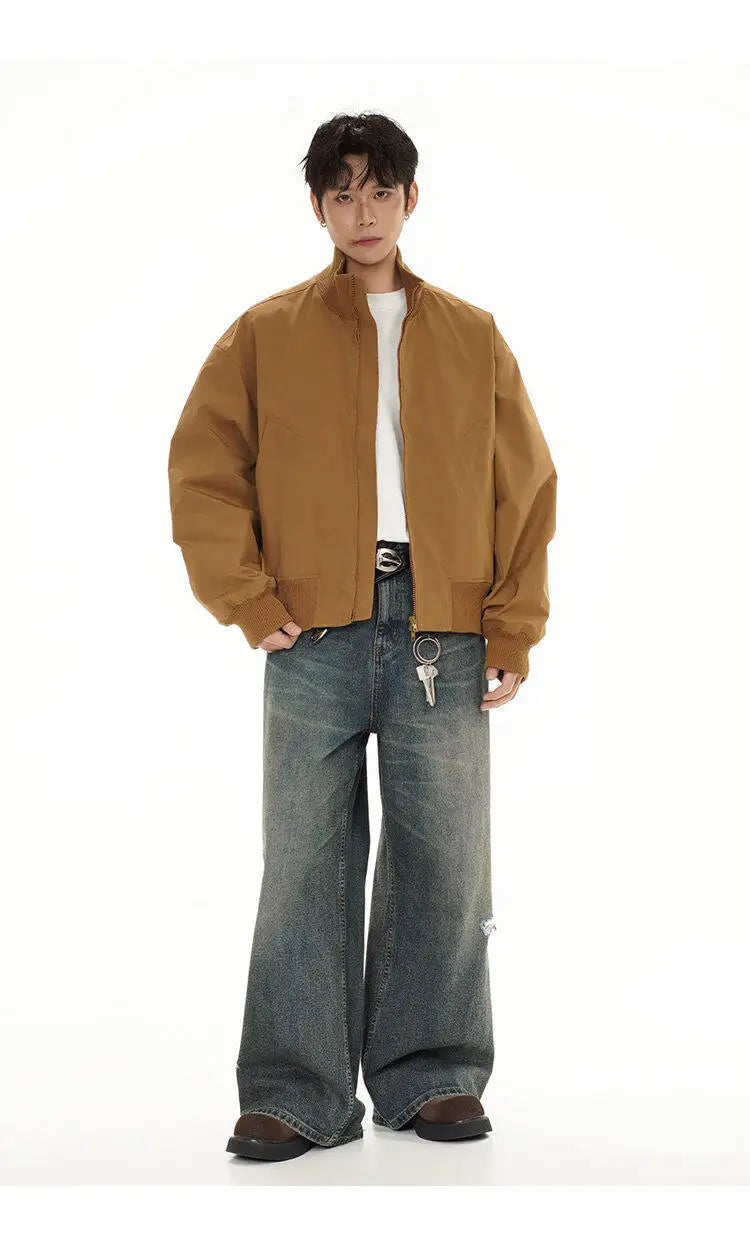 short design stand collar bomber jacket men korean streetwear fashion loose casual vintage bomber jacket coat cityboy outerwear unique shorts style 533