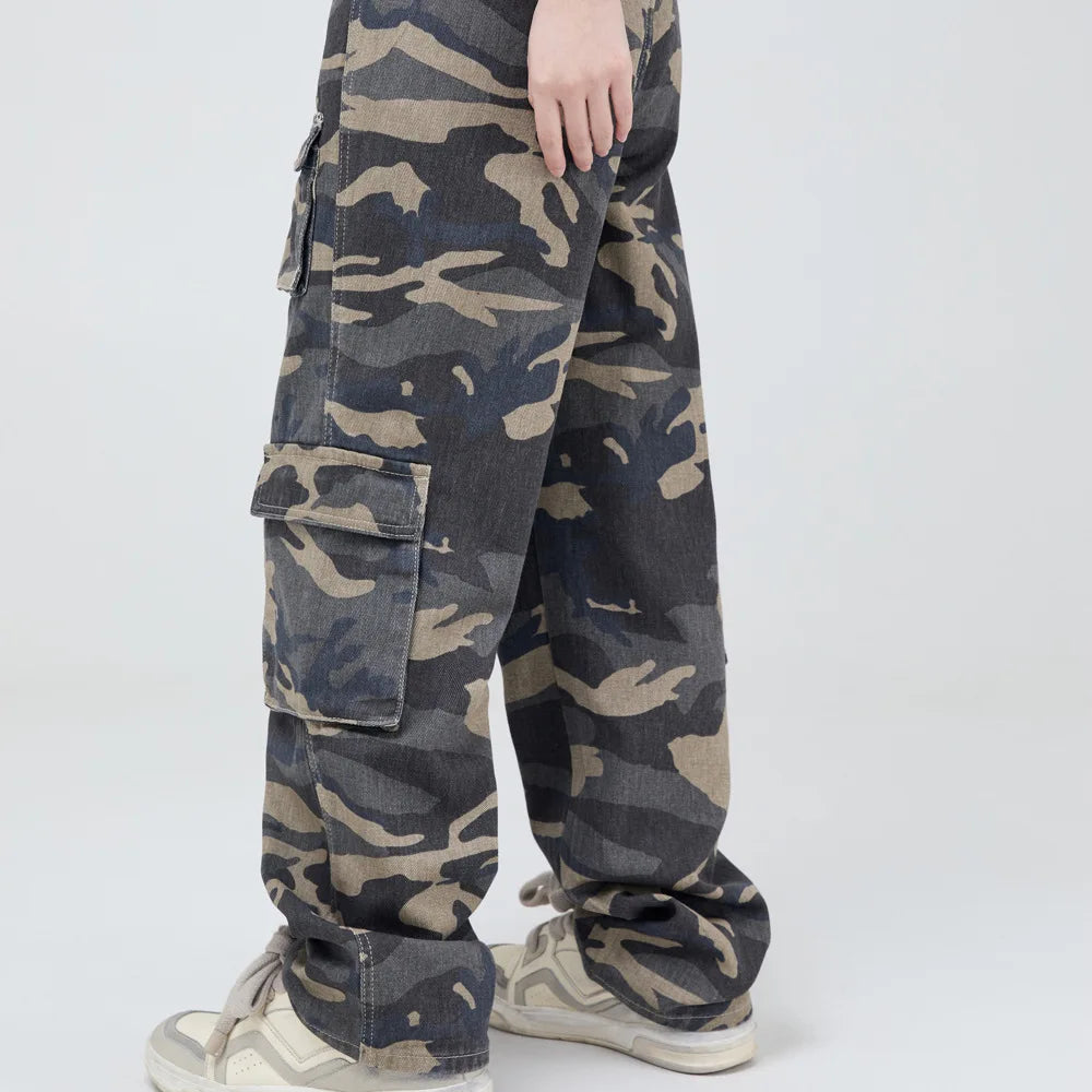 vintage pockets camouflage denim pants men jeans hip hop streetwear military cargo pants multi-pocket cargos