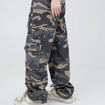vintage pockets camouflage denim pants men jeans hip hop streetwear military cargo pants multi-pocket cargos