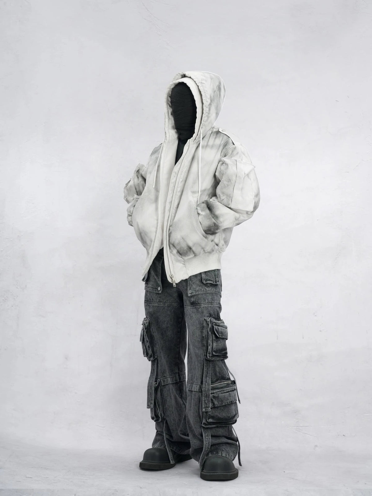 new arrival vintage heavyweight dirty grey double layer hooded leather jacket with multiple pockets zipper design cotton jacket unique default style 130