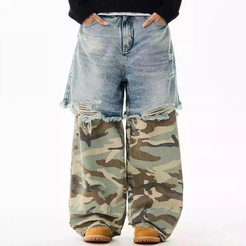 Camouflage Patchwork Jeans Mens Fake Two Items Street Punk Unisex Denim Pants Multiple Pockets Blue Size S-3XL Cowboy Trousers Street King Limited