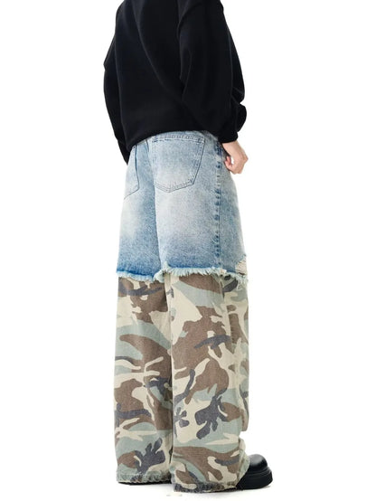 Camouflage Patchwork Jeans Mens Fake Two Items Street Punk Unisex Denim Pants Multiple Pockets Blue Size S-3XL Cowboy Trousers Street King Limited