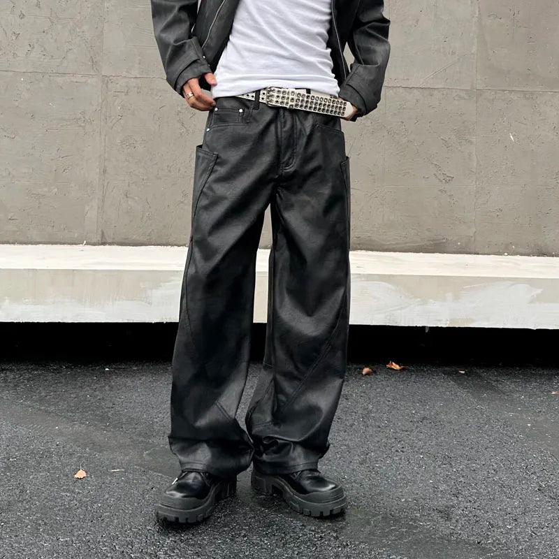 men brand fashion splice pocket loose casual wide leg leather baggy pant cityboy streetwear cargo motorcycle pants trousers utility cargo pants