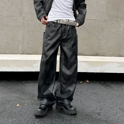 men brand fashion splice pocket loose casual wide leg leather baggy pant cityboy streetwear cargo motorcycle pants trousers utility cargo pants