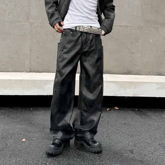 men brand fashion splice pocket loose casual wide leg leather baggy pant cityboy streetwear cargo motorcycle pants trousers utility cargo pants