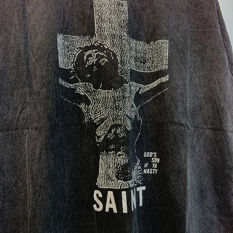 2024ss Sheep Lion Head Printing T Shirt Michael Men Woman Good Quality Vintage Wash Black O-Neck Loose Casual Tops Tee Street King Limited
