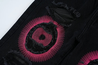 y2k streetwear embroidered ripped wide jeans for men washed destroyed torn flared jean male tassels hip hop jeans pants baggy unique jeans style 5176