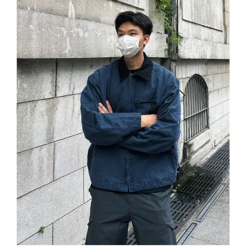 american trendy tooling mens jackets vintage solid distressed bomber coats patchwork zipper pocket high street short outwear relaxed fit shorts
