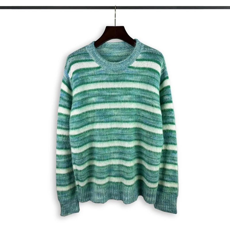 Korean Fashion Striped Patchwork Mohair Knitted Sweaters Retro Mens Oversized Knitwears Y2k Harajuku Female Round Neck Sweaters Street King Limited