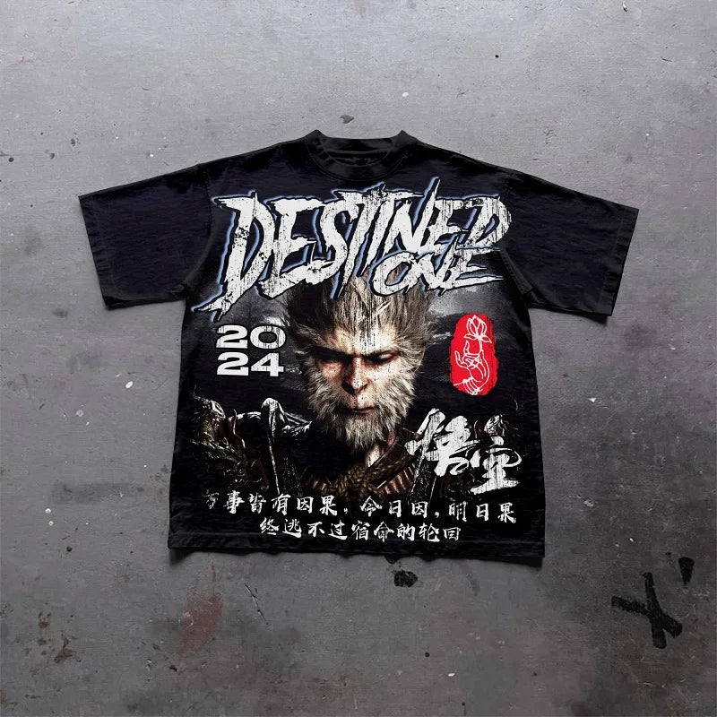 Black Myth Wukong Printed Oversized Short-sleeved Top Men Y2k American Street Casual Breathable Cotton Round Neck T-shirt Women Street King Limited