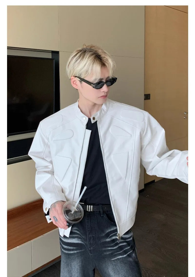high street motorcycle pu leather jacket men hip hop trend shoulder padded coat street fashion stand collar zipper short outwear unique shorts style 1965