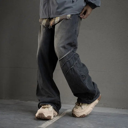 hip hop american trend retro straight leg washed denim jeans spring and autumn high street couple loose wide leg casual pants ripped baggy denim