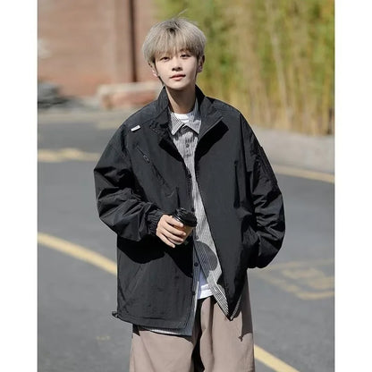 Outdoor Mens Charge Jacket Retro Loose Stand Collar Waterproof Tooling Coats Thin Color Blocked Zipper Hiking Windbreaker Street King Limited