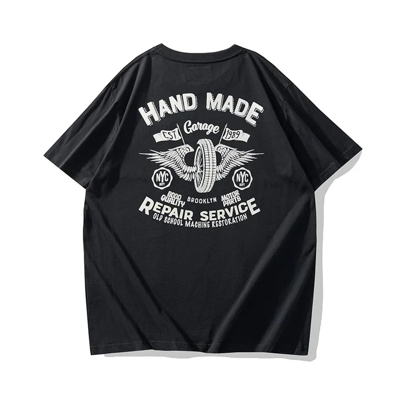 New Summer Fashion Vintage Men Street Flying Wheel Print T-shirt Round Neck Thick Short Sleeve Casual T-Shirt 100% Cotton Street King Limited