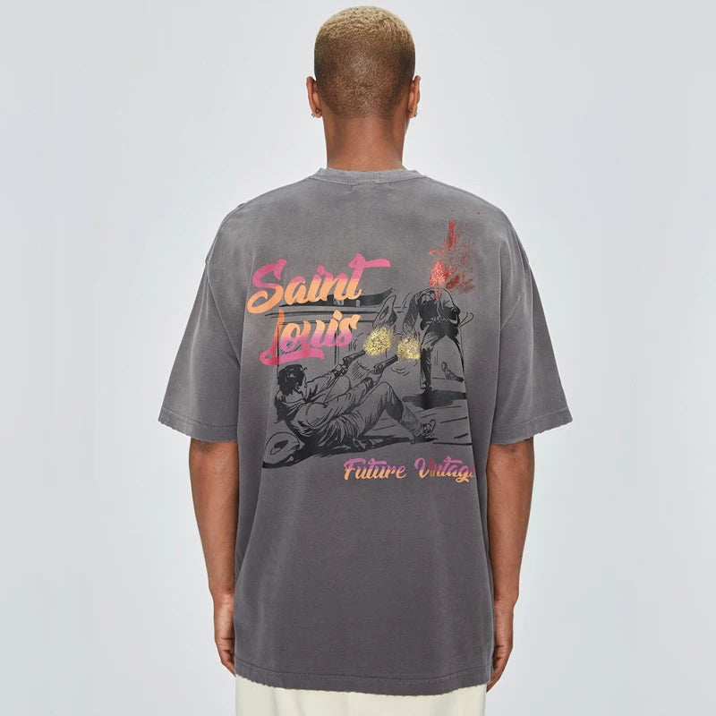 2024ss Saint Louis T-shirts Men Woman Good Quality Cotton Loose Wash White Nightmare Debris Printing Top Tees Street King Limited