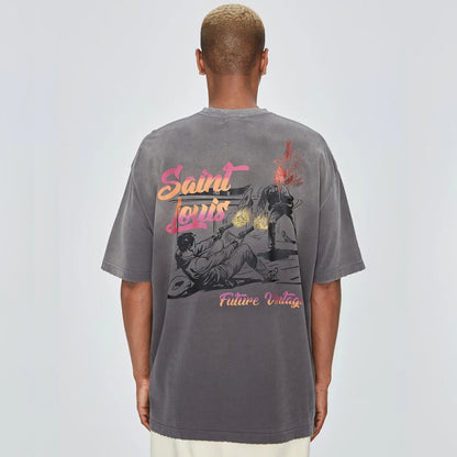 2024ss Saint Louis T-shirts Men Woman Good Quality Cotton Loose Wash White Nightmare Debris Printing Top Tees Street King Limited