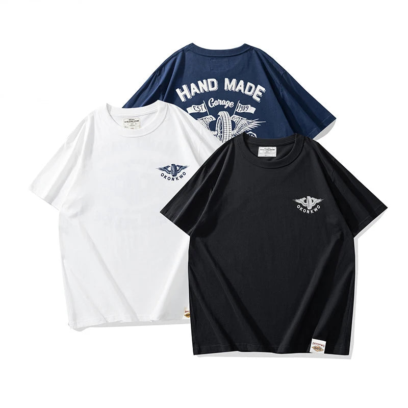 New Summer Fashion Vintage Men Street Flying Wheel Print T-shirt Round Neck Thick Short Sleeve Casual T-Shirt 100% Cotton Street King Limited